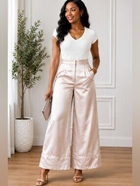 Nique Satin High-Rise Wide-Leg Pants in Nude Champagne